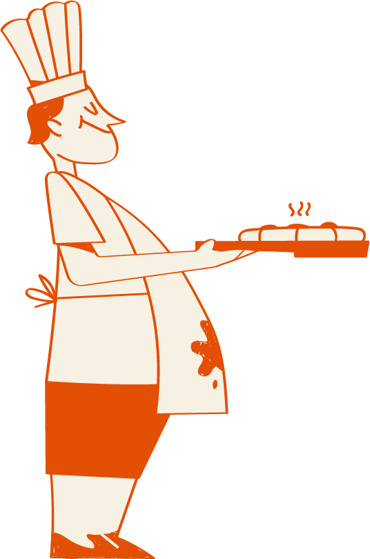 Ilustracción de pizzaiolo entregando una pizza caliente.